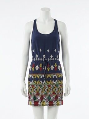 Cynthia Vincent 100% Silk Boho Geometric Tribal Print Sleeveless Mini Dress Sz S
